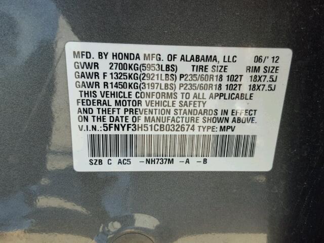 5FNYF3H51CB032674 - 2012 HONDA PILOT EXL GRAY photo 10