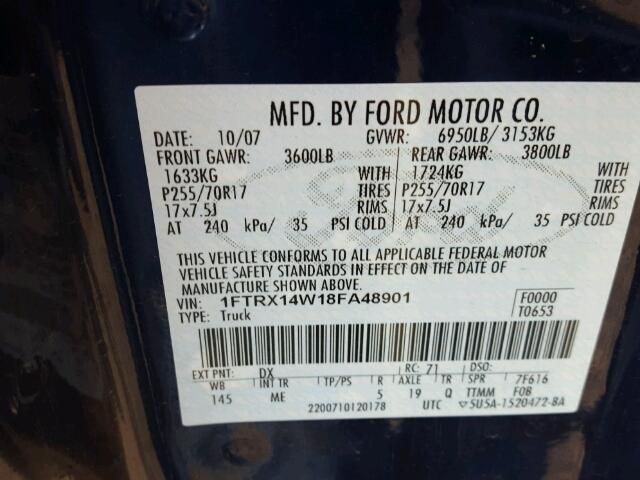 1FTRX14W18FA48901 - 2008 FORD F150 BLUE photo 10