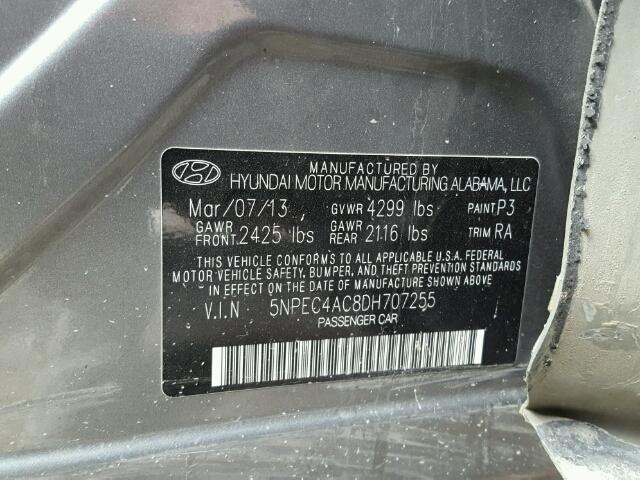 5NPEC4AC8DH707255 - 2013 HYUNDAI SONATA SE GRAY photo 10