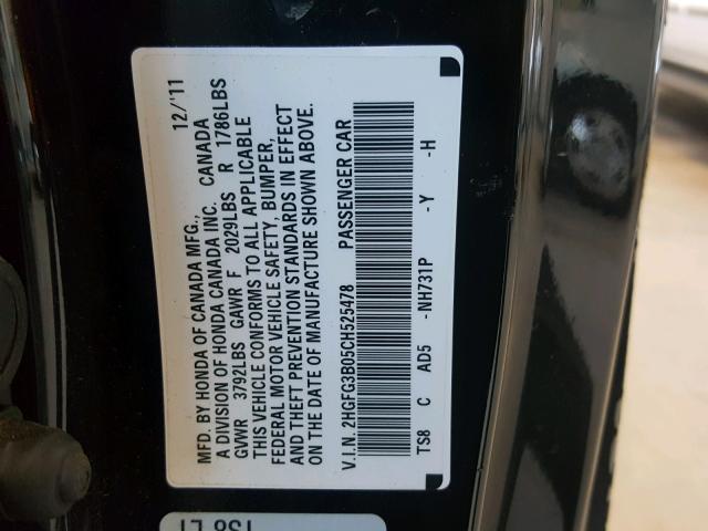 2HGFG3B05CH525478 - 2012 HONDA CIVIC EXL 黑色 照片 10