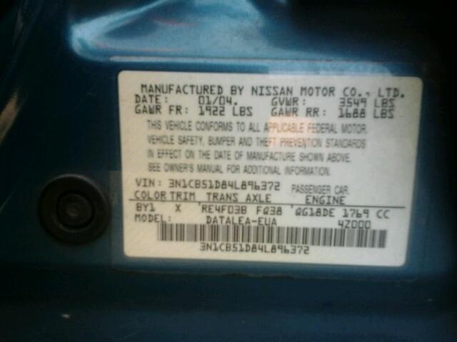 3N1CB51D84L896372 - 2004 NISSAN SENTRA 1.8 BLUE photo 10