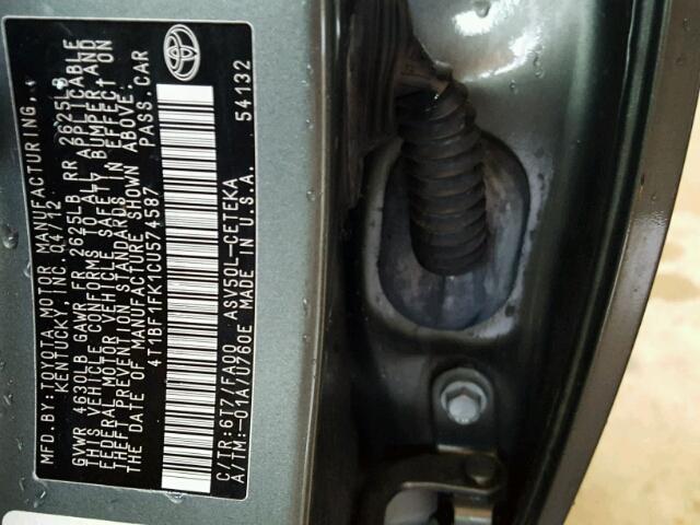 4T1BF1FK1CU574587 - 2012 TOYOTA CAMRY BASE GRAY photo 10