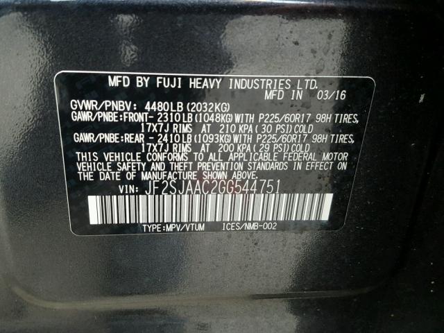 JF2SJAAC2GG544751 - 2016 SUBARU FORESTER 2 GRAY photo 10