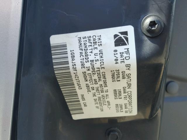 1G8AJ52F14Z171643 - 2004 SATURN ION LEVEL SILVER photo 10