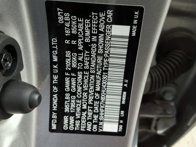 SHHFK7H8XHU430301 - 2017 HONDA CIVIC EXL 灰色 照片 10