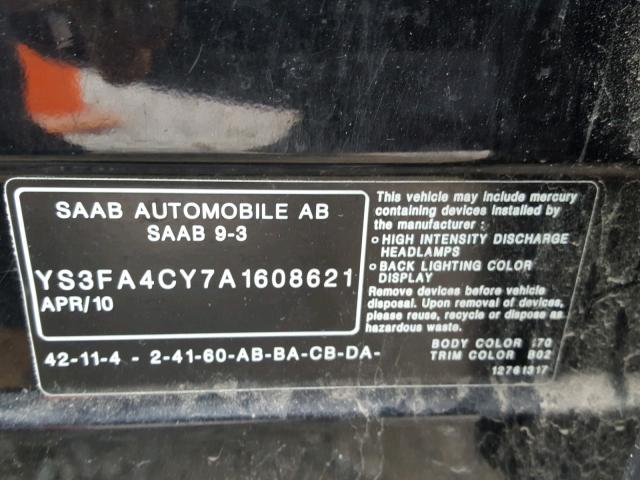 YS3FA4CY7A1608621 - 2010 SAAB 9-3 2.0T BLACK photo 10