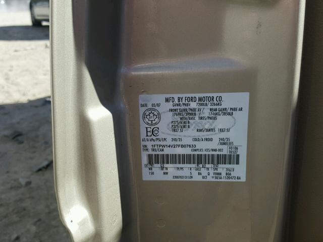 1FTPW14V27FB07633 - 2007 FORD F150 Or photo 10