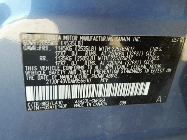 2T3DF4DV0AW055610 - 2010 TOYOTA RAV4 LIMIT BLUE photo 10