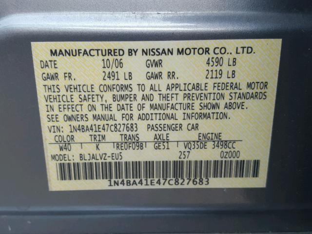 1N4BA41E47C827683 - 2007 NISSAN MAXIMA SE SILVER photo 10