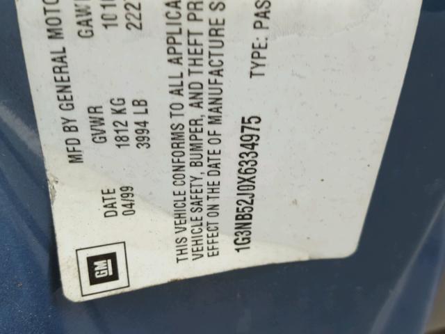 1G3NB52J0X6334975 - 1999 OLDSMOBILE CUTLASS GL BLUE photo 10