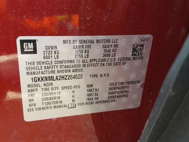 1GKKNMLA2HZ264628 - 2017 GMC ACADIA SLT 勃艮第红 照片 10