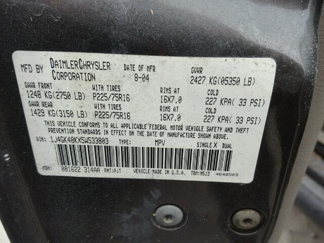 1J4GK48KX5W533803 - 2005 JEEP LIBERTY SP GRAY photo 10