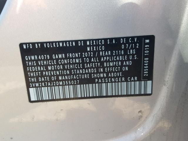 3VW2K7AJ2DM355027 - 2013 VOLKSWAGEN JETTA BASE Արծաթագույն լուսանկար 10