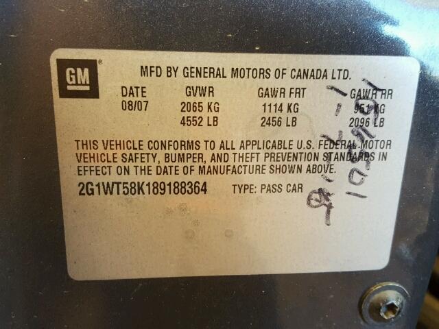 2G1WT58K189188364 - 2008 CHEVROLET IMPALA LT GRAY photo 10