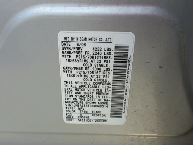 JN8AS58T89W046314 - 2009 NISSAN ROGUE S SILVER photo 10