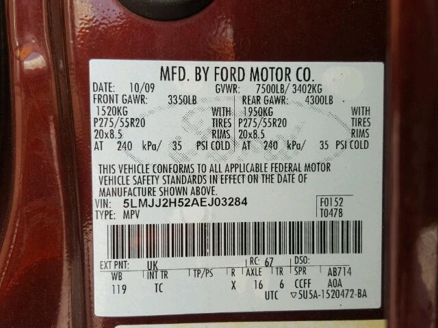 5LMJJ2H52AEJ03284 - 2010 LINCOLN NAVIGATOR მუქწითელი ფოტო 10