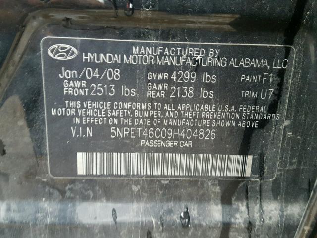 5NPET46C09H404826 - 2009 HYUNDAI SONATA BLACK photo 10