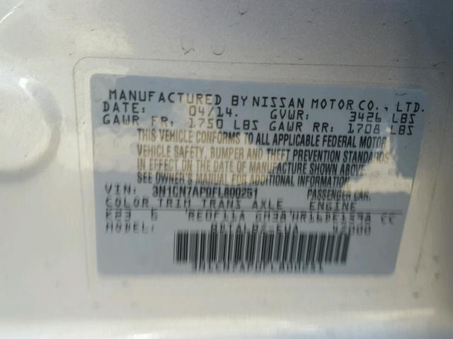 3N1CN7AP0FL800251 - 2015 NISSAN VERSA S SILVER photo 10