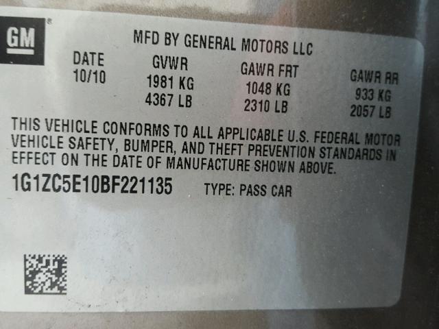 1G1ZC5E10BF221135 - 2011 CHEVROLET MALIBU 1LT TAN photo 10