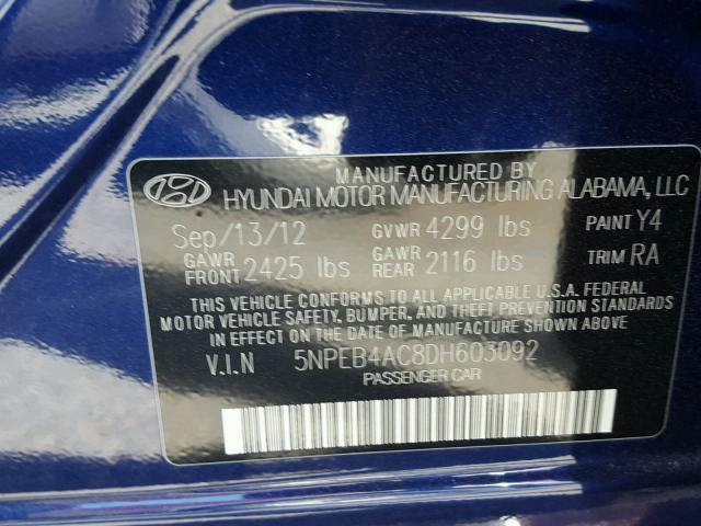 5NPEB4AC8DH603092 - 2013 HYUNDAI SONATA GLS PURPLE photo 10