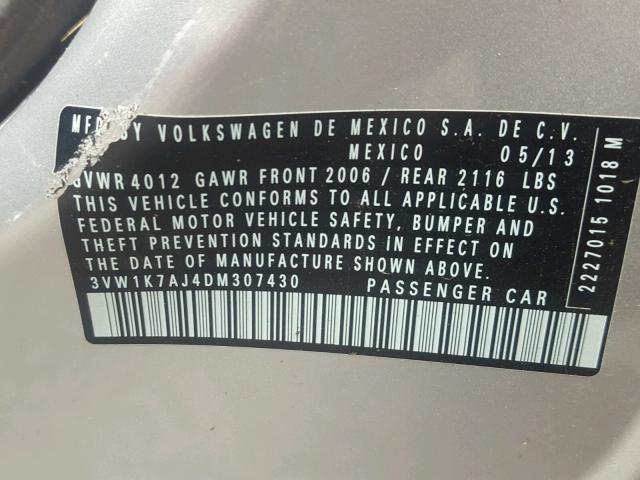 3VW1K7AJ4DM307430 - 2013 VOLKSWAGEN JETTA BASE 银色 照片 10