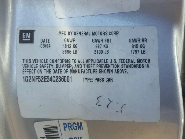 1G2NF52E34C236001 - 2004 PONTIAC GRAND AM S SILVER photo 10