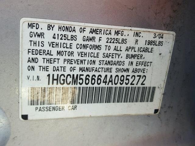 1HGCM56664A095272 - 2004 HONDA ACCORD SILVER photo 10