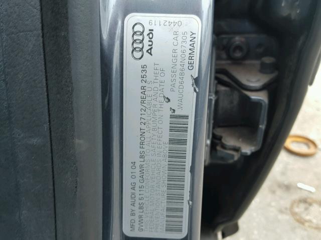 WAUCD64B64N067305 - 2004 AUDI A6 S-LINE GRAY photo 10