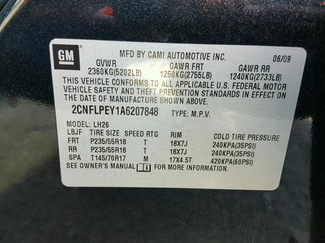 2CNFLPEY1A6207848 - 2010 CHEVROLET EQUINOX LT BLACK photo 10