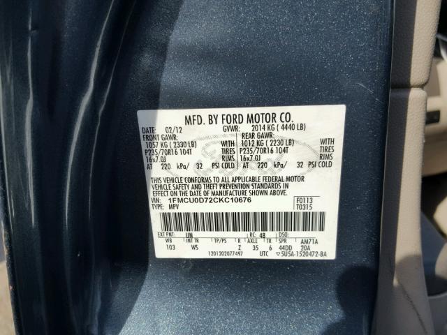 1FMCU0D72CKC10676 - 2012 FORD ESCAPE XLT BLUE photo 10