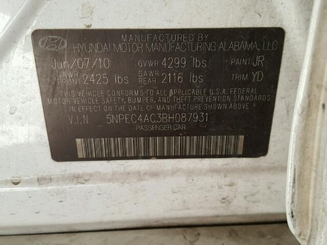 5NPEC4AC3BH087931 - 2011 HYUNDAI SONATA WHITE photo 10