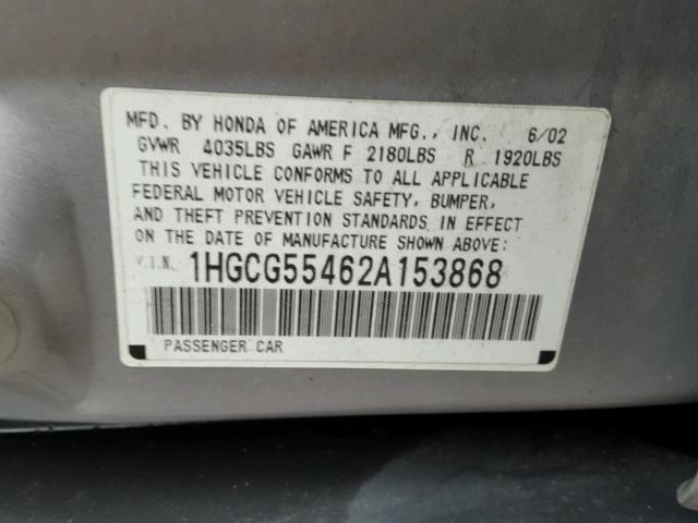 1HGCG55462A153868 - 2002 HONDA ACCORD SILVER photo 10