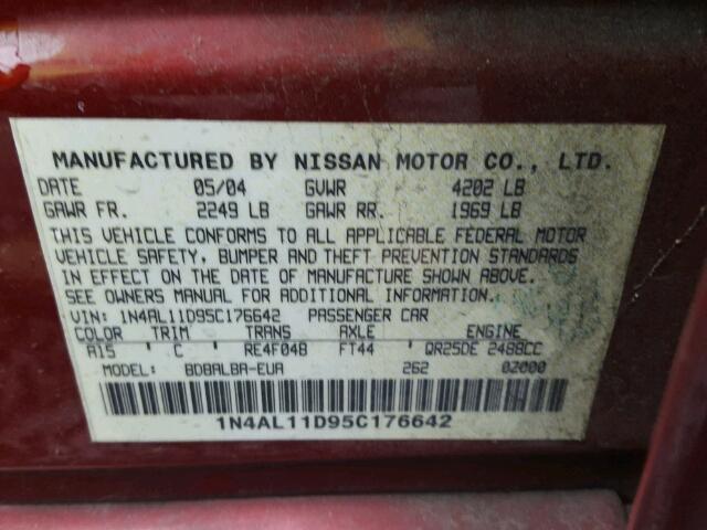 1N4AL11D95C176642 - 2005 NISSAN ALTIMA S BURGUNDY photo 10