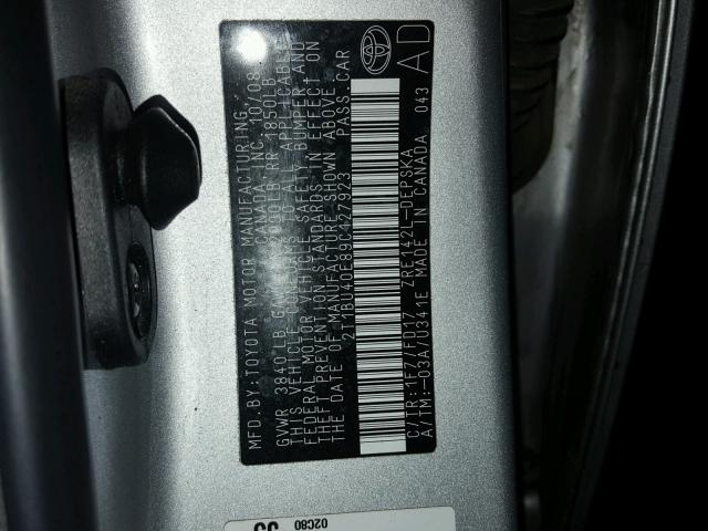 2T1BU40E89C127923 - 2009 TOYOTA COROLLA BA SILVER photo 10