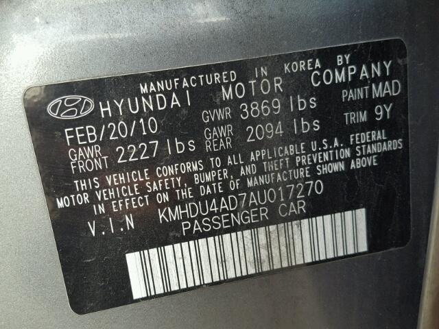 KMHDU4AD7AU017270 - 2010 HYUNDAI ELANTRA BL GRAY photo 10