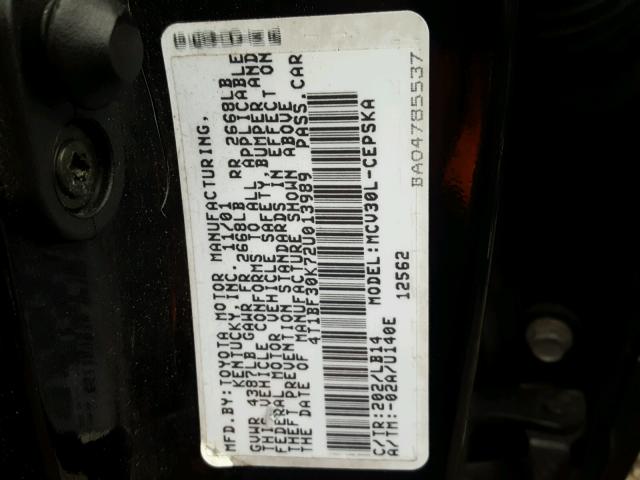 4T1BF30K72U013989 - 2002 TOYOTA CAMRY LE შავი ფოტო 10