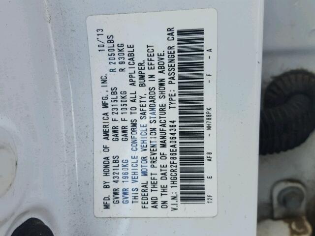 1HGCR2F86EA064364 - 2014 HONDA ACCORD EXL WHITE photo 10