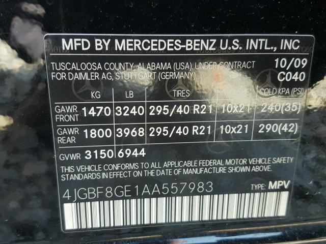 4JGBF8GE1AA557983 - 2010 MERCEDES-BENZ GL 550 4MA BLACK photo 10