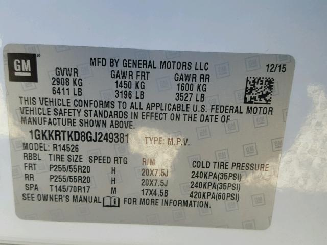 1GKKRTKD8GJ249381 - 2016 GMC ACADIA DEN WHITE photo 10