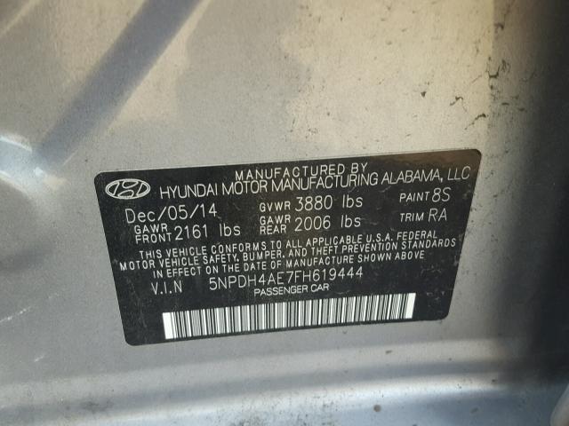 5NPDH4AE7FH619444 - 2015 HYUNDAI ELANTRA SE SILVER photo 10