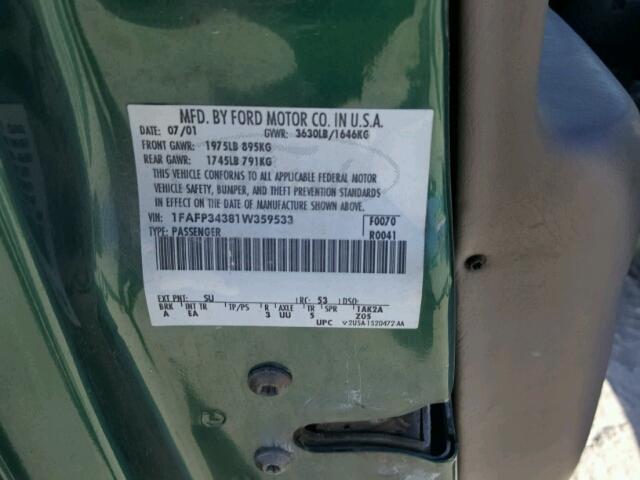 1FAFP34381W359533 - 2001 FORD FOCUS SE GREEN photo 10