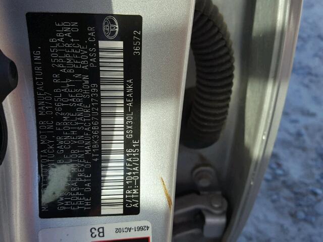 4T1BK36B67U217399 - 2007 TOYOTA AVALON XL SILVER photo 10