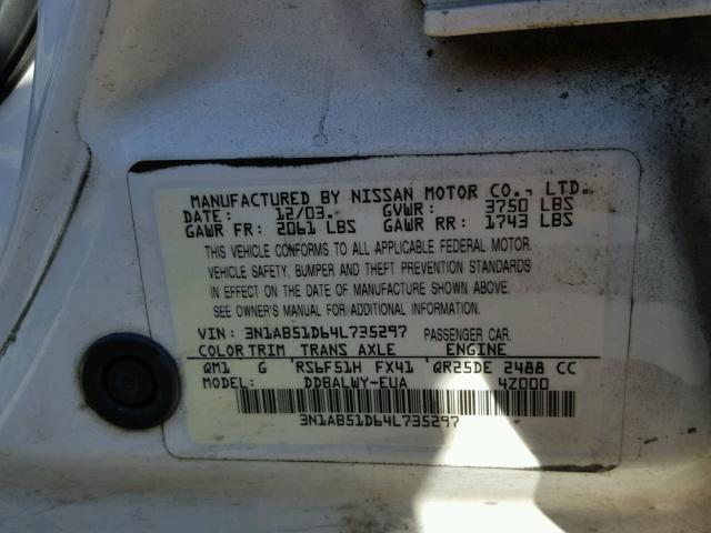 3N1AB51D64L735297 - 2004 NISSAN SENTRA SE- WHITE photo 10