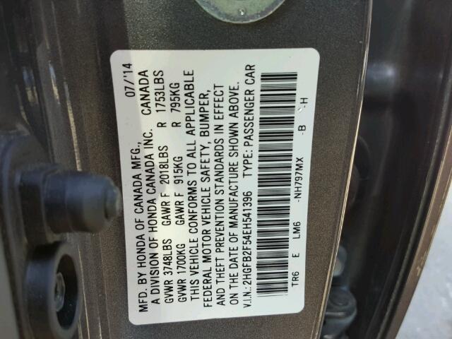 2HGFB2F54EH541396 - 2014 HONDA CIVIC LX CHARCOAL photo 10