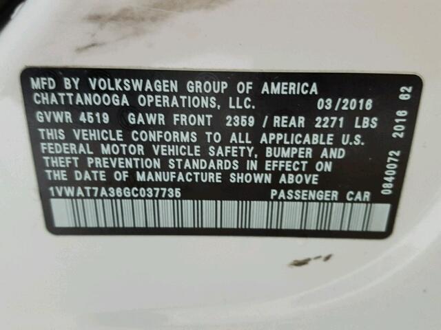 1VWAT7A36GC037735 - 2016 VOLKSWAGEN PASSAT WHITE photo 10