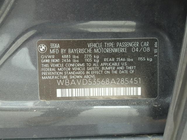 WBAVD53568A285451 - 2008 BMW 335 XI GRAY photo 10