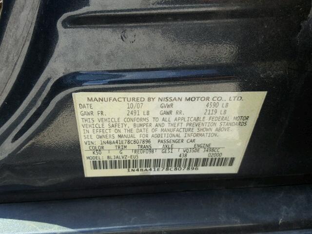 1N4BA41E78C807896 - 2008 NISSAN MAXIMA SE CHARCOAL photo 10