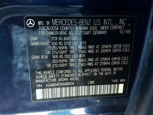 4JGAB54E1XA088204 - 1999 MERCEDES-BENZ ML 320 BLUE photo 10