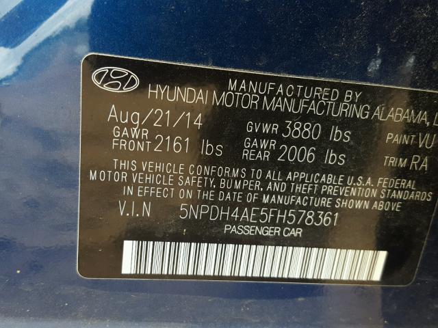 5NPDH4AE5FH578361 - 2015 HYUNDAI ELANTRA SE BLUE photo 10