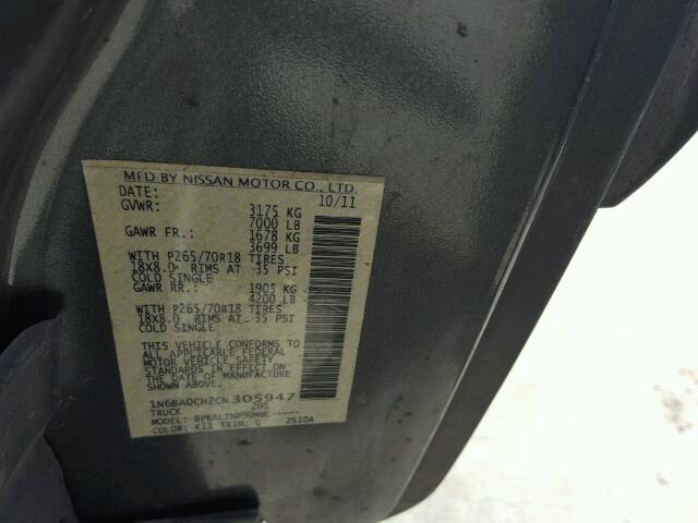 1N6BA0CH2CN305947 - 2012 NISSAN TITAN S GRAY photo 10